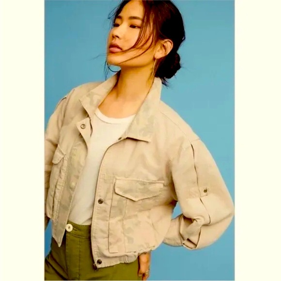 Anthropologie Hei Hei Ronan Camo print cropped linen jacket L - Picture 2 of 15